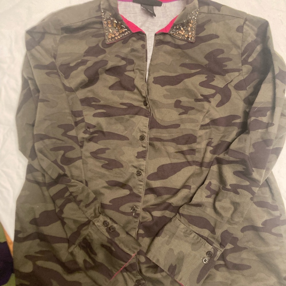 Lane Bryant Green and Brown Utility Jacket with Camouflage Print